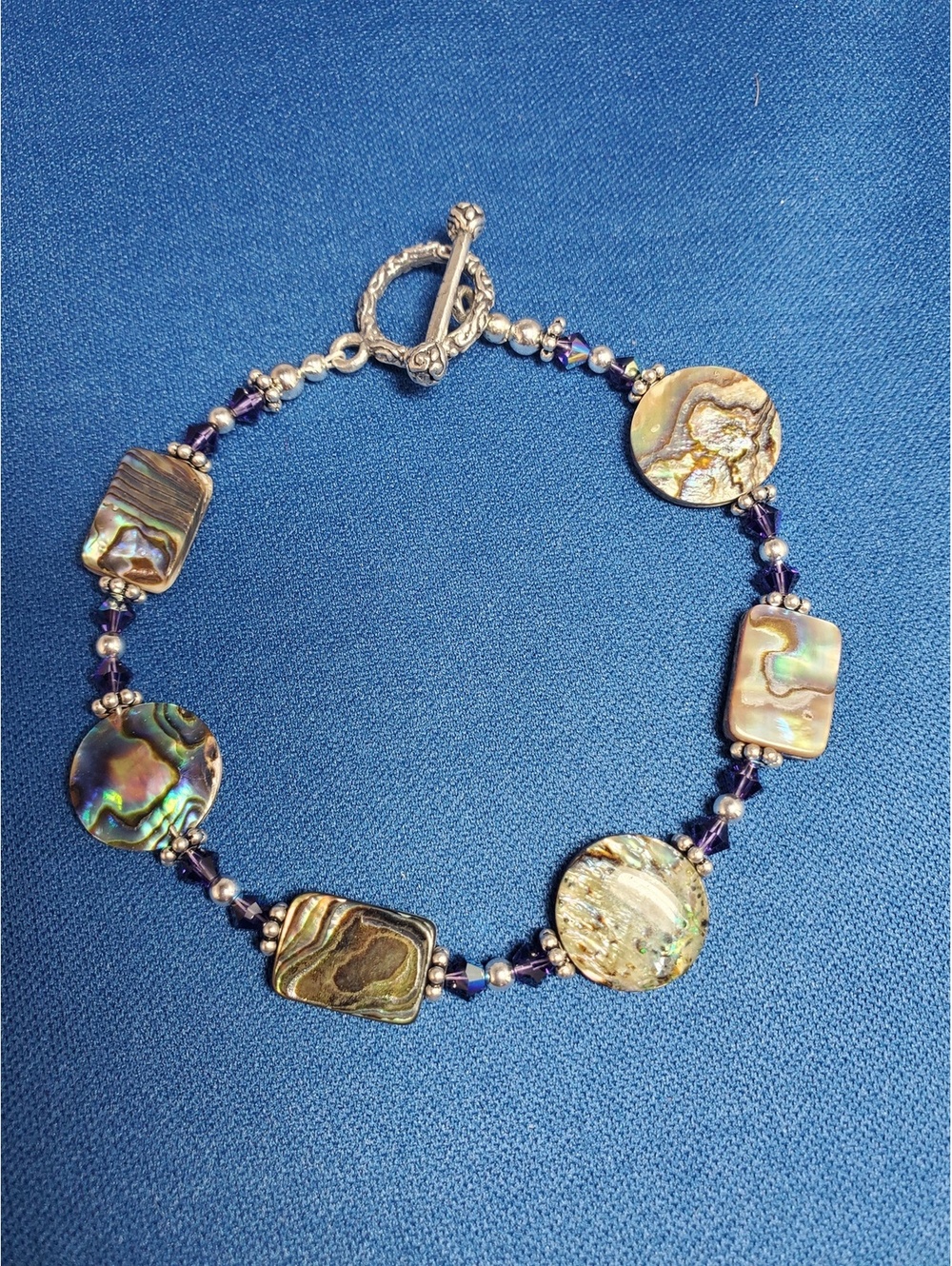Abalone Shell Bracelet Swarovski Crystal Bali Sterling Silver Toggle 7.5 in